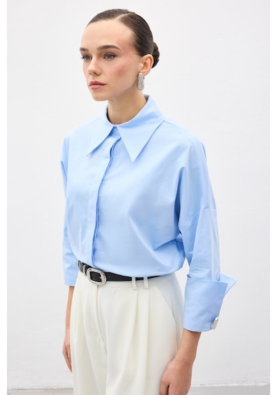 Sateen Düğme Detaylı Gömlek - Mavi-137152 Mavi