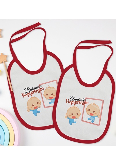 BK Kids Anne ve Baba Tasarımlı 2’li Kırmızı Mama Önlüğü-2 Kırmızı