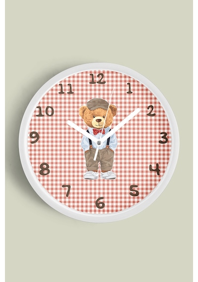 Sevimli Ayı Tasarım Çocuk Odası Duvar Saati - 30cm - Önü Camlı Beyaz Kasa - Sessiz Mekanizma Beyaz