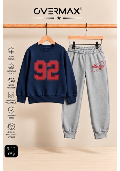 Overmax 92 Baskılı Çocuk Bisiklet Yaka Sweatshirt Eşofman Takımı- 3-12 Yaş Lacivert Üst-gri Alt - 928488349 Lacivert Üst-gri Alt