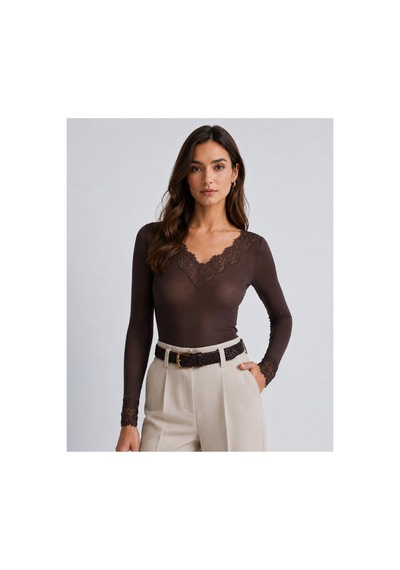 Unika Boutique Dantelli Kaşmir Uzun Kollu Bluz kahverengi