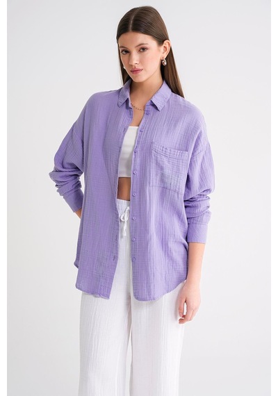 Mixray 3833 Kadın Oversize Cepli Müslin Gömlek Menekşe