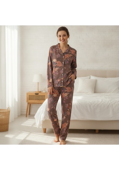 Bonbon Kadın Giyim Önden Düğmeli Baskılı Pijama Takımı Bb2671 Çok Renkli