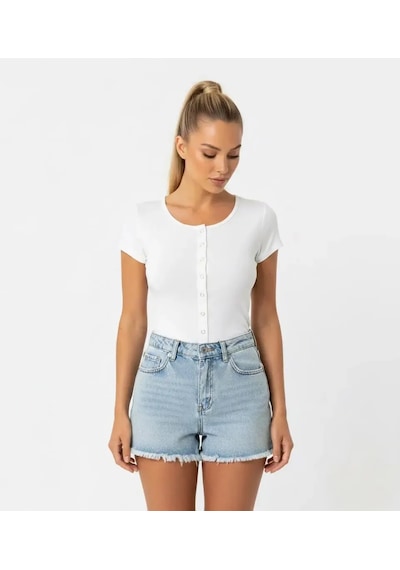 Park Karon Kadın Bisiklet Yaka Çıt Çıt Kapama Slim Fit Viscon Bluz 26038 Ekru