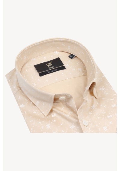 Erkek Bej Kısa Kol Desenli Slim Fit Gömlek