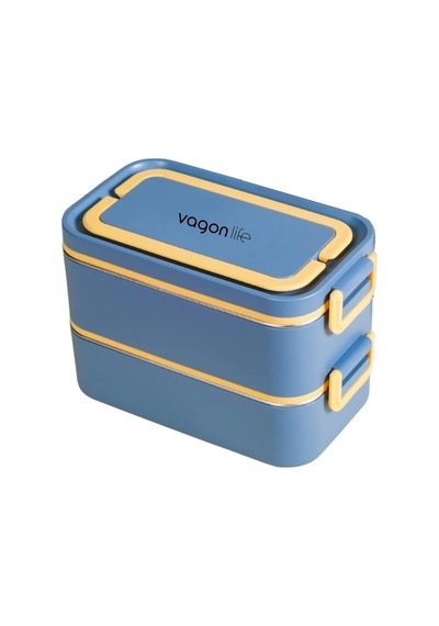 Bento 2000ml Lunchbox 2 Katlı 3 Bölmeli Mini Kaseli Çelik Sefer Tası Yemek Kutusu Lacivert-sarı Çok Renkli