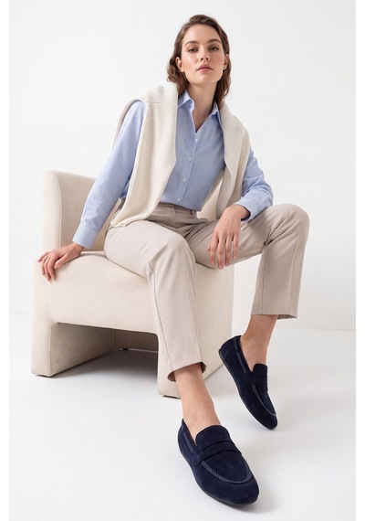 Luvi Shoes Francıs Lacivert Süet Hakiki Deri Örgü Detaylı Kadın Loafer Ayakkabı