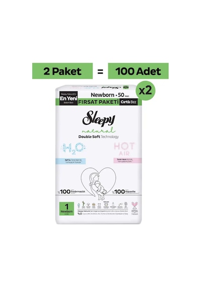 Sleepy Natural Double Soft Ultra Fırsat Paketi Bebek Bezi 1 Numara Newborn 100 Adet