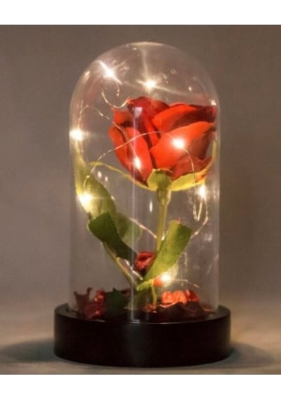Fanusta Led Işıklı Kırmızı Yapay Gül Sevgiliye Özel Dekoratif Hed