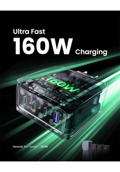 Ontech - Ugreen Nexode Pro 160w Gan Hızlı Şarj Cihazı 100w Kablolu Type-c Qc Pd 3xusb-c 1xusb-a Gri -