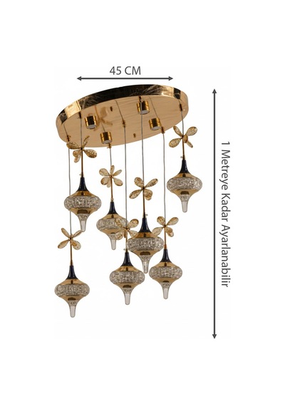 Gold Çemberli Seri 7li Estetik Kristal Kelebekli Topaç Formlu Modern Sarkıt Avize