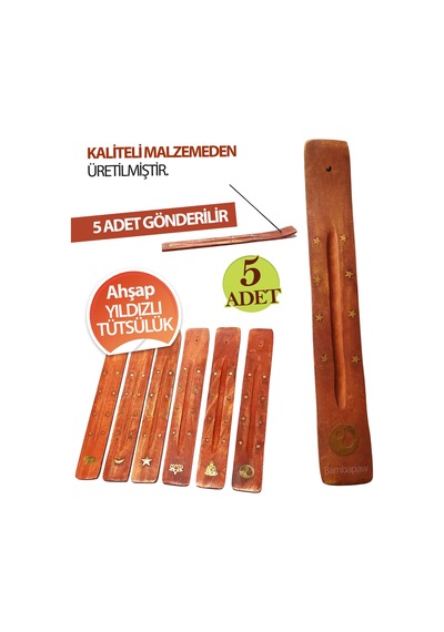 Ahşap Yıldız Kabartmalı Tütsü Tutacağı - Ahşap Tütsülük Tütsü Kayığı 5 Adet