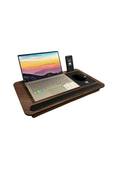 Telefon Ve Tablet Bölmeli Minderli Laptop Sehpası Notebook Bilgisayar Çalışma Masası Antik Meşe