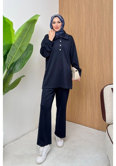 Mihran Butik Soho Elegance Yaka Detaylı Kadın Tesettür Alt Üst Takım Lacivert