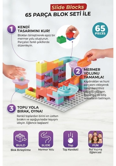 Slide Blocks 65 Parça Parkuru Top Kaydırağı Ve Blok Birleştirme Eğitici Beceri Geliştirme Seti