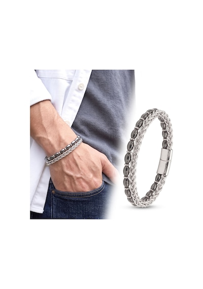 Premium Parlak Ve Şık Hematit Taşlı Çift Sıra Erkek 316l Çelik Zincir Bileklik 31832b21d22 - 21 Cm Gümüş