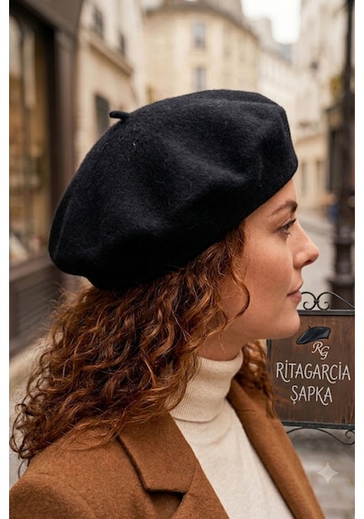 Ritagarcia Vintage Tarz Kadın Fransız Keçe Ressam Bere Siyah