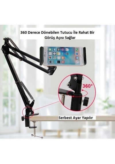 Telefon Tablet Masa Tutucu 6" 11" Esnek Uzun Kollu 360 Derece Her Şey Burada Siyah