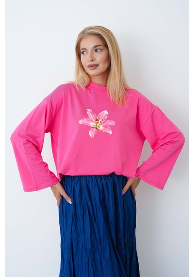 Medinenur Kadın Lily Çiçeğ Baskılı Uzun Kollu Oversize Body Pembe