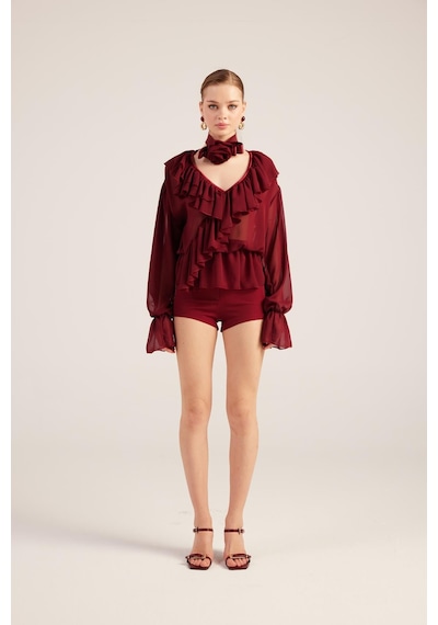 Holly Lolly Fırfırlı Güllü Choker Aksesuarlı Şifon Sassy Gömlek Bordo