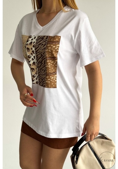 Cassime Kadın Leopar Desenli %100 Pamuk Büyük Beden Beyaz T-shirt