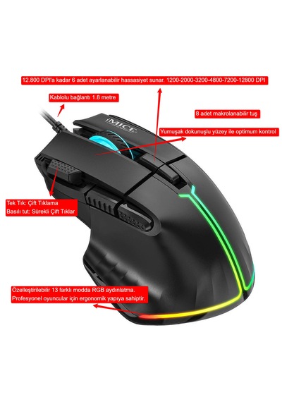 İmce T50 Gaming Mouse, 12800 Dpı, Çift Tıklama Ateş Tuşu, 8 Makrolanabilir Tuşlu, 13 Modlu Rgb 0193