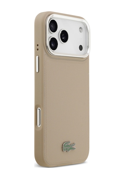 Apple Uyumlu iPhone 17 Pro Max Kılıf Lacoste Lisanslı M-safeli Pu Pike Desenli Standlı Metal Logolu Kapak Bej Bej