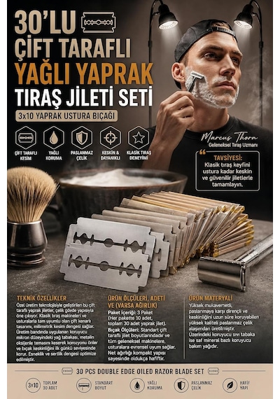 30lu Çift Taraflı Yağlı Yaprak Tıraş Jileti Seti 3x10 Yaprak Ustura Bıçağı 723590