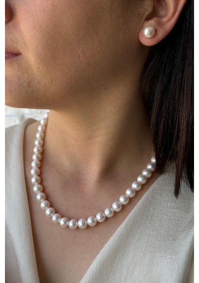 9,5 Mm Gemici Kilit Doğal İnci Kolye Bileklik Küpe Üçlü Set 45 Cm / Rose Gümüş