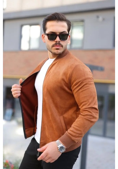 Erkek Scuba Süet Kumaş Bomber Hırka Taba