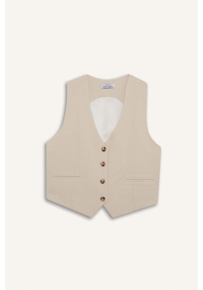 DeFacto 	V Yaka Keten Karışımlı Blazer Yelek E6209AX25SPBG286 Bej