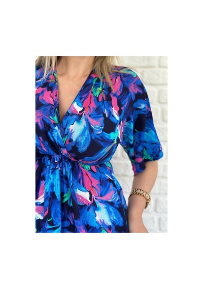 Asur Boutique Asur Butik Kadın Çiçek Desenli Renkli Viskon Kumaş Yırtmaçlı Elbise Mor