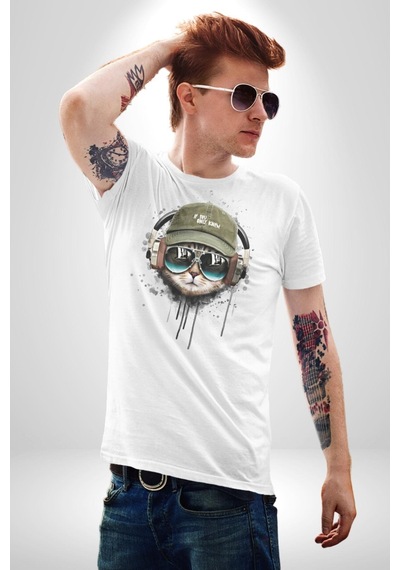 Havalı Pilot Şapkalı Müzik Dinleyen Kedi Unisex Unisex Beyaz Organik Baskılı T-shirt Penye Yüksek Kalite Beyaz