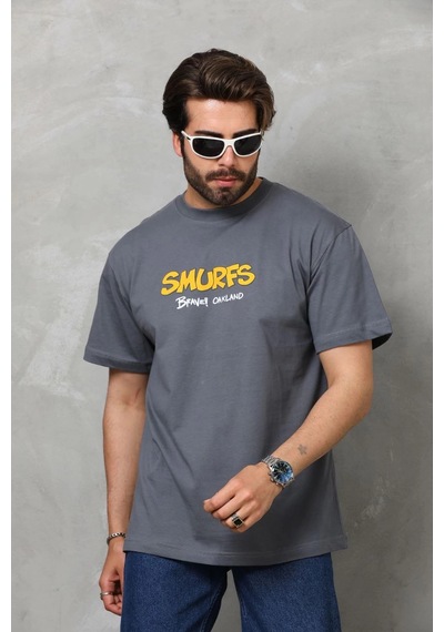 Novalisse Erkek Kısa Kol Yazlık Tişört Bisiklet Yaka Baskılı Oversize T-shirt - Füme Çoklu Renk