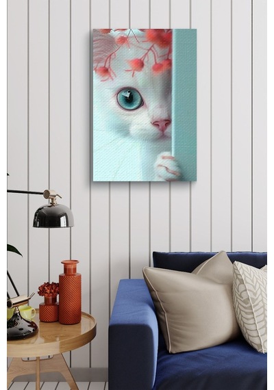Duvar Arkasında Beyaz Kedi Yağlı Kanvas Tablo
