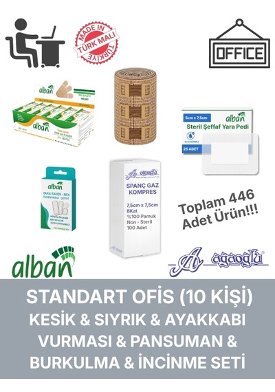 Standart Ofis Yara Bakım & Pansuman Seti 10 Kişiye Kadar, 446 Parça, Kesik & Sıyrık, Ayakkabı Vurması, Burkulma & İncinme İçin