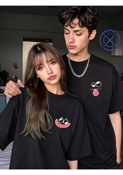 Nevermind Sevgili Kombini Tişört 2 Li Set Unisex Minimal Yüz Baskılı Çift T Siyah