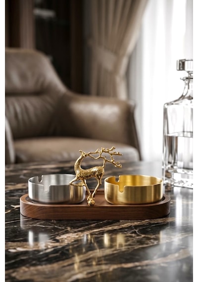 Küllük Ahşap Sunumluk Lüks Geyik Stand Gold-gümüş Metal İkili Dekoratif Küllük Gold