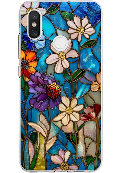 Printify Xiaomi Mi 8 İle Uyumlu Vitray Mavi Bahar Tasarımlı Şeffaf Silikon Kılıf Şeffaf