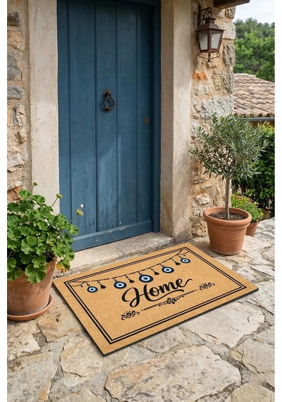 Valerine Life Welcome Nazar Boncuğu Siyah Çerçeve Ev Ofis İşyeri Dış Kapı Önü Paspası 45x70cm Kahverengi