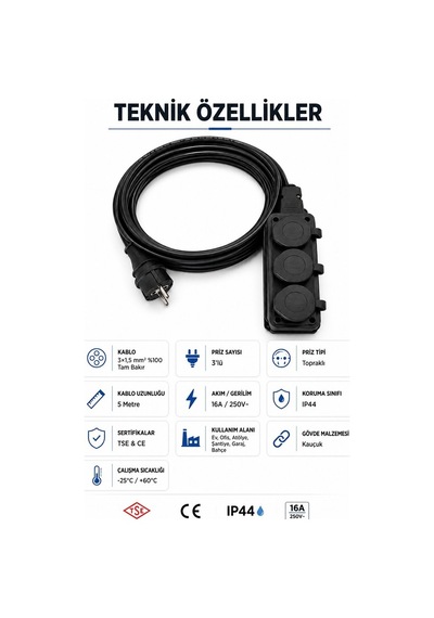 Öznur Kablo Seyyar Uzatma Kablosu 5 Metre Ttr 3x1,5 Mm %100 Tam Bakır Kablo Seldur 3'lü Kauçuk Grup Priz Orel Kauçuk Fiş Ip54 Ip44 5 M
