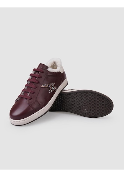 %100 Hakiki Deri Bordo Bağcıklı Kürklü Kadın Sneaker Bordo