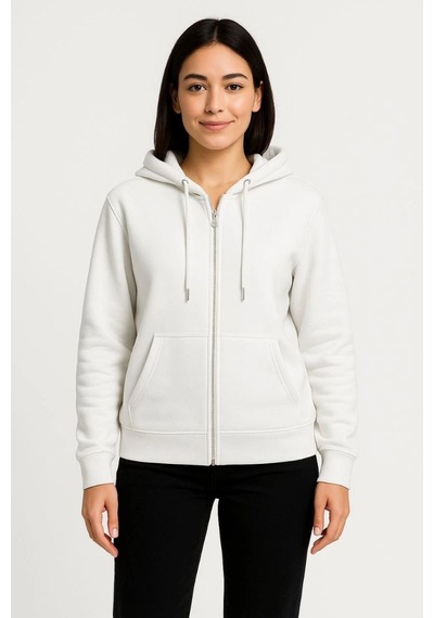Kadın 3 İplik Kapüşonlu Tam Fermuarlı Kanguru Cepli Sweatshirt Hoodie - Beyaz