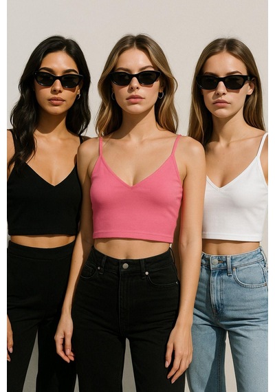 Kadın 3'lü Paket Siyah Beyaz Pembe Kısa Crop İp Askılı V Yaka Krop Bluz Büstiyer Çok Renkli