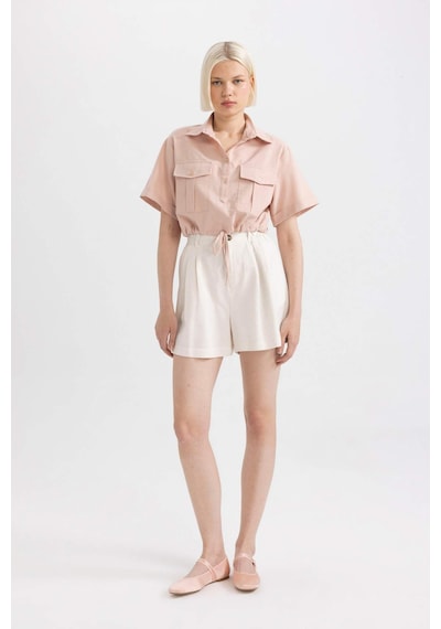 DeFacto Cropped Fit Gömlek Yaka Keten Karışımlı Kısa Kollu Bluz C6812AX24SMBR134