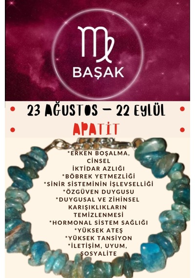 Gümüştel El Sanatları Sertifikalı Burç Taşı Başak Burcu Apatit Taşı Bileklik Çok Renkli