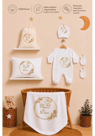 Pia Baby İsme Özel %100 Pamuk Kız Bebek Yastık Battaniyeli Tulum Set Kese Hediyeli 1081tybk0x Krem