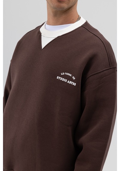 Vamos Oversize Bisiklet Yaka Baskılı Sweatshirt V70-91 Kahve