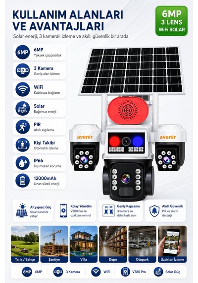 Avenir Tk-s1463w 6mp 3 Kameralı 4g Sım Kartlı Solar Ptz Kamera 12000mah Batarya, V380 Pro