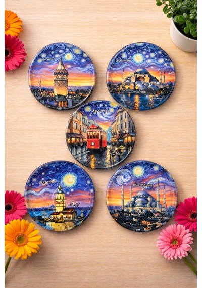 Upeka 5'li İstanbul Temalı Van Gogh Tarz Hediyelik Metal Tabak Magnet Set Kutulu 5cm Adet-5 Adet